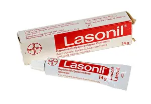 Ointment Prints: Lasonil ointment in a tube for treating bruises and sprains, old medication for disposal