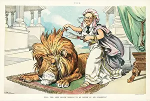 Transvestite Prints: A late 19th century American Puck Magazine illustration of Joseph Chamberlain holding a pair of shears labelled