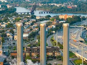 Emissions Prints: Late afternoon summer aerial image of the power plant located downtown Providence RI, USA