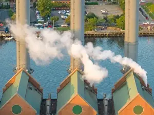Late afternoon summer aerial image of the power plant located downtown Providence RI, USA