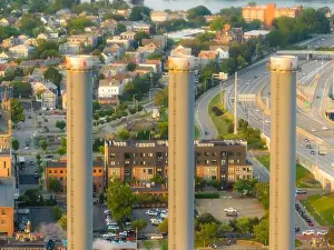 Late afternoon summer aerial image of the power plant located downtown Providence RI, USA