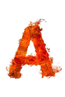 Writing Prints: latin letter A made of fire on a white background