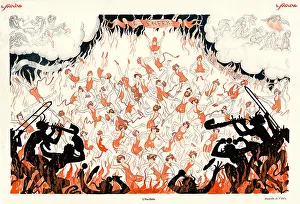 1929 Prints: LAu-Dela, 1929 French magazine illustration of the devils music weaves its spell as the with-it girls dance in hell to