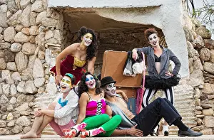 Backstage Prints: Lauging ensemble of bizarre circus clowns on stage
