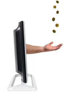 Grab Prints: A LCD TV monitor with a hand protruding out isolated against a white background