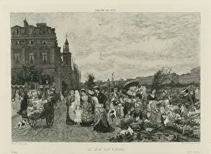 Le Quai aux Fleurs, Flower Market in Paris with fashionably dressed crowd
