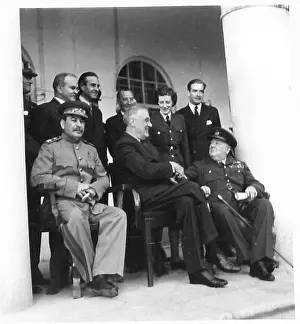 Officials Prints: Leaders Stalin, Roosevelt, and Churchill meet on the portico of the Soviet Embassy during the Tehran Conference