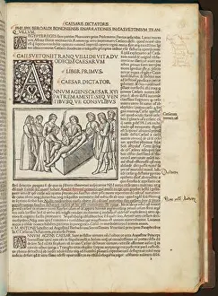Julius Prints: Leaf, 5, recto with illustration depicting Julius Caesar's birth by caesarian section