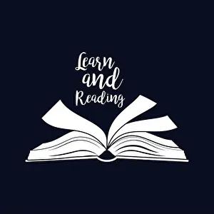 Reader Prints: Learn and reading motivation card, open book, white silhouette. Vector illustration