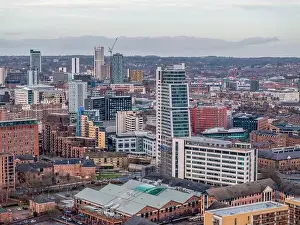 Leeds city centre, West Yorkshire aerial panoramic view of the city centre looking north towards retail and offices