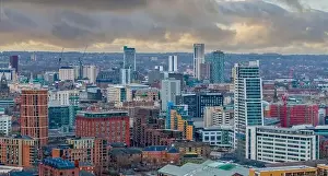 City Lights Prints: Leeds city centre, West Yorkshire aerial panoramic view of the city centre looking north towards retail and offices