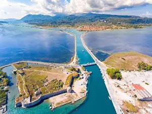 Saturated Prints: Lefkada Harbour main canal and floating rotating bridge brids eye view