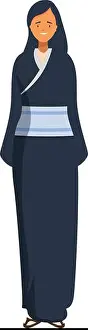 Vector Graphic Prints: Full length illustration of a young woman wearing a traditional japanese kimono dress with obi