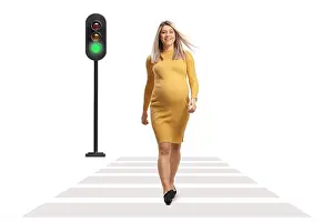Zebra Prints: Full length portrait of a pregnant woman in a yellow dress crossing a street at a pedestrian crossing isolated on white
