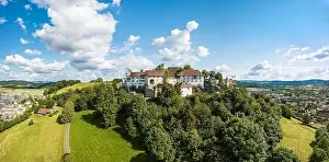 Lenzburg, Switzerland - 22.06.2020: Aerial drone panorama of the Lenzburg castle