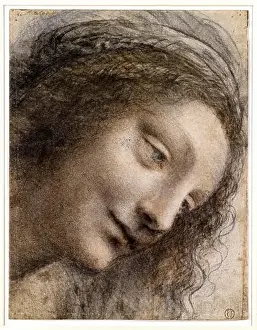 Leonardo Da Vinci Prints: Leonardo Da Vinci drawing, The Head of the Virgin in three-quarter view facing right