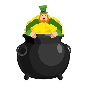 Leprechaun Prints: Leprechaun in pot gold. Dwarf with red beard and bowler golded coins