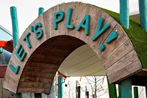 Childrens Prints: Let's Play children's playground wooden entrance sign