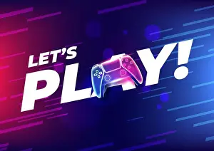 Gamer Prints: Let's play, Neon game controller or joystick for game console on blue background