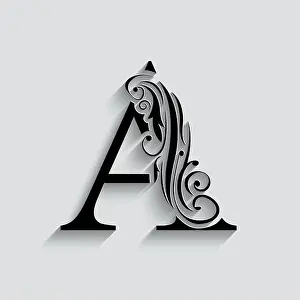 Old Fashioned Prints: letter A. Black flower alphabet. Beautiful capital letter with shadow