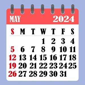 Calendar Date Prints: Letter calendar for May 2024. The week begins on Sunday