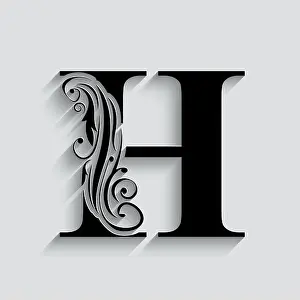 letter H. Black flower alphabet. Beautiful capital letter with shadow
