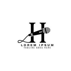 Audio Equipment Prints: Letter H with Microphone Logo Design. Alphabet H Mic Vector Icon