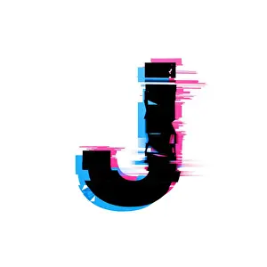 Flicker Prints: Letter J distorted neon glitch effect text font. 3D Render