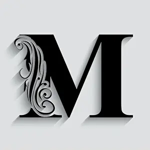 Typeset Prints: letter M. Black flower alphabet. Beautiful capital letter with shadow