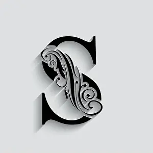 Typeset Prints: letter S. Black flower alphabet. Beautiful capital letter with shadow
