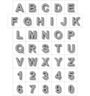 Aluminum Prints: letters and numbers 3D metal isolated on white with shadow - orthogonal projection - 3d rendering