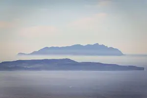Sicilia Prints: Levanzo and Marettimo Islands seen from Erice historic town on a Mount Erice in the province of Trapani in Sicily