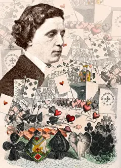 Wonderland Prints: Lewis Carroll - collage of Alice in Wonderland illustrations with portrait of 28 March 1863