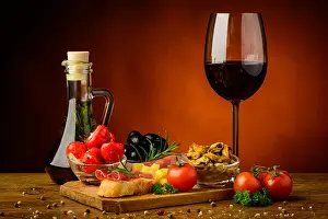 Red Wine Prints: still life with traditional tapas snack and glass of red wine