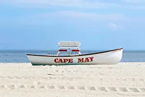 Surf Prints: Lifeguard lifeboat and lifeguard chair, Cape May, New Jersey, USA