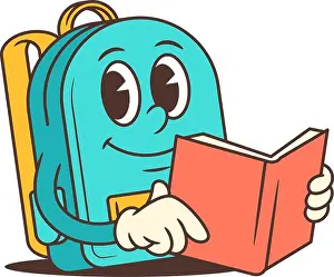 Schoolbag Prints: Light blue cartoon backpack mascot with yellow accents and big expressive eyes holding an open red book in one hand