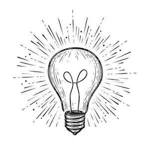 Brainstorm Prints: Light bulb shining. Hand drawn concept idea symbol
