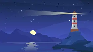Blue Bay Prints: Lighthouse at night. Sea beacon with beam on rocky coast