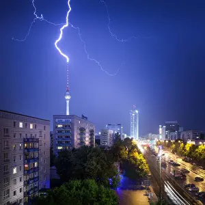 Thunderstorm Prints: Lightning striking in the TV Tower Berlin, Berlin, Germany
