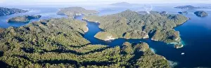 Limestone islands covered by forest lie scattered amid Raja Ampat, Indonesia. This region is thought to be the epicenter of marine bodiversity