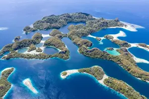 Limestone islands are surrounded by healthy coral reefs in Raja Ampat, Indonesia. This region is thought to be the epicenter of marine biodiversity