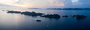 Limestone islands are surrounded by healthy coral reefs in Raja Ampat, Indonesia. This region is thought to be the center of marine biodiversity