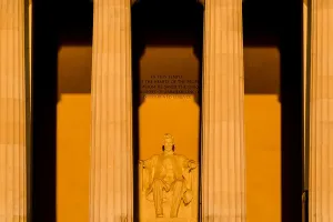 Mid Atlantic Prints: Lincoln Memorial Sunrise Equinox Washington DC // The large statue of the Lincoln Memorial catches the first rays of