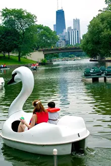 Elementary Prints: Lincoln Park lagoon and swan paddle boat with skyline in the background