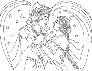 Embrace Prints: Line art illustration of the Hindu deities Radha and Krishna