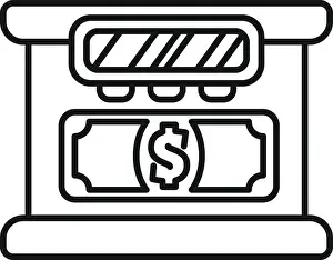 Teller Prints: Line art style icon of an atm cash machine accepting a money bill