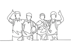 Continuous Prints: One line drawing group of young happy boys and girls from elementary school student carrying bags