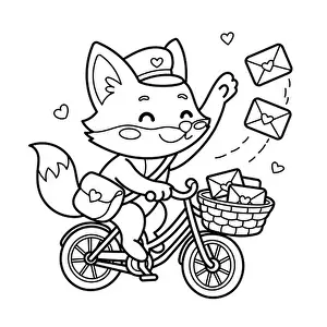 Valentines Day Prints: Line drawing illustration of a happy fox mail carrier delivers love letters from bicycle