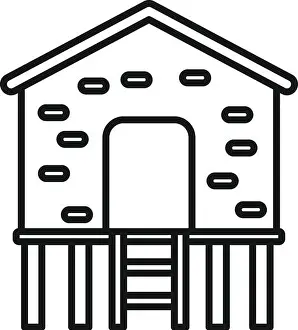 Stilts Prints: Line drawing of a stilt house with a ladder on wooden pillars