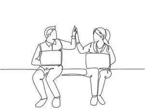 Single Line Prints: One line drawing of young happy couple business man and business woman opening their laptop